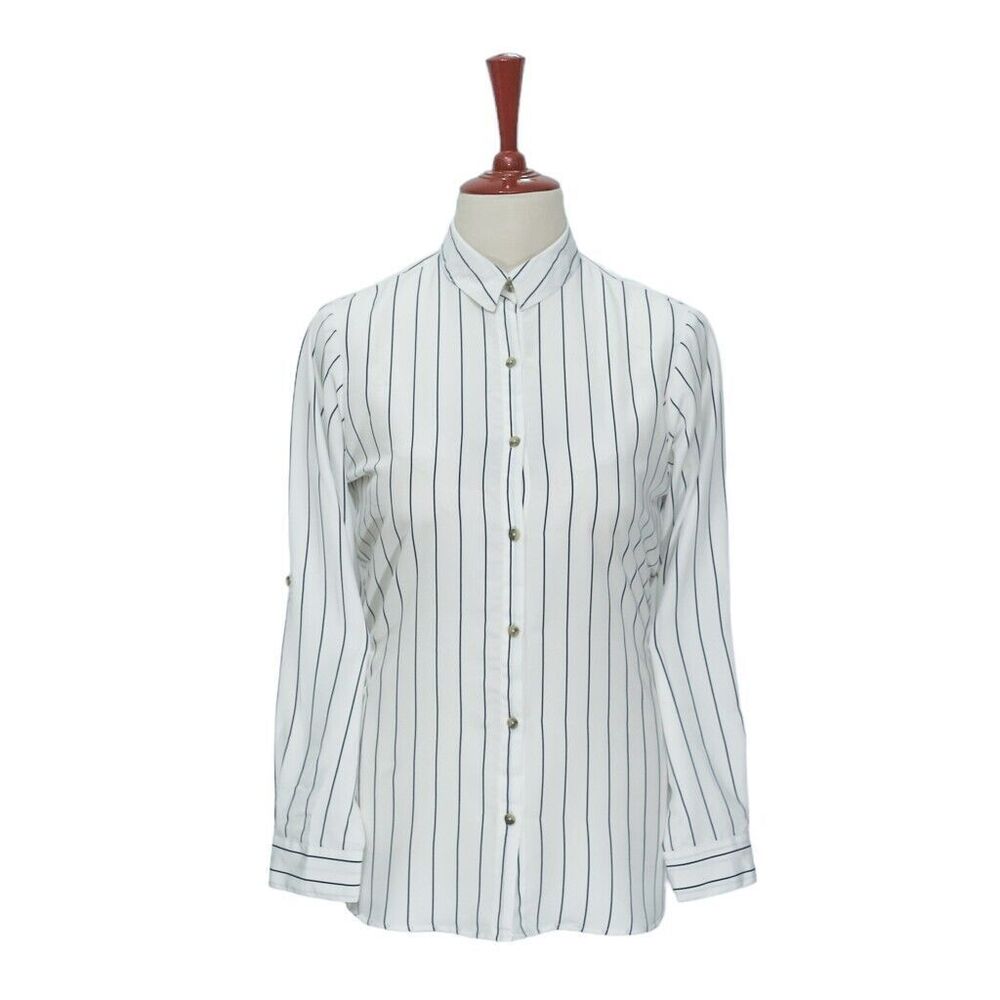 Womens Silky Shirt Button Up White Blue Pinstripe Lightweight Casual Tunic M
